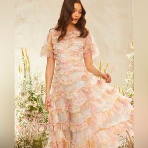 Needle & Thread Floral Tiered Ruffle Tulle Maxi Dress Romantic Size 8 Wedding